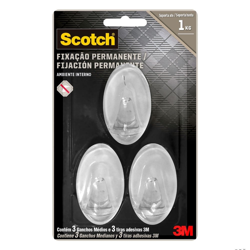 Gancho Adesivo 3M Scotch Médio 3 Peças Transparente HB004684328Â Â