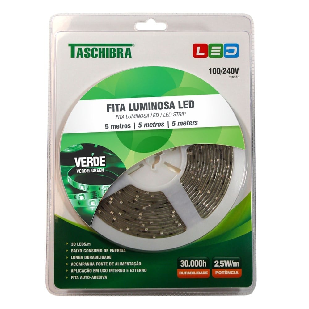 Fita LED Taschibra IP20 12V 5M Verde 14040108-03