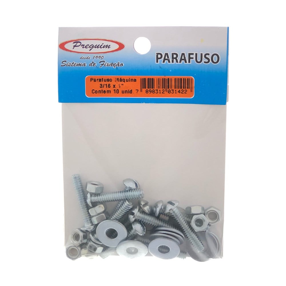 Cartela Parafuso Rosca Máquina Preguim (H) Redonda 3/16 X 1.PORCA+ARRUELA com 10 Peças 1422