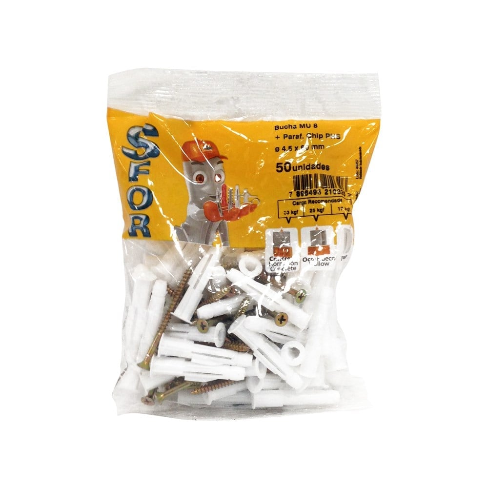 Bucha Fixação Sforplast Baiano/Gesso 08 com Parafuso 50 Peças 263