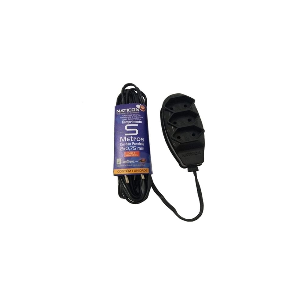 Extensão Naticon Tripla Paralela 2X0.75 Preta 5M 561