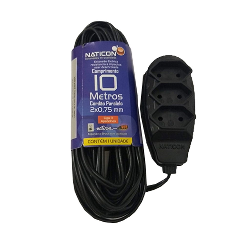 Extensão Naticon Tripla Paralela 2X0.75 Preta 10M 562