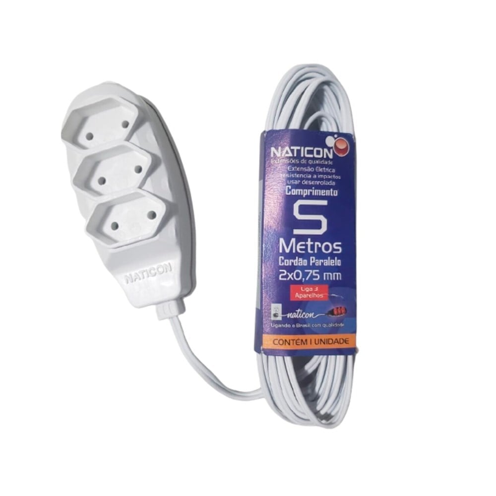 Extensão Naticon Tripla Paralela 2X0.75 Branca 5M 580