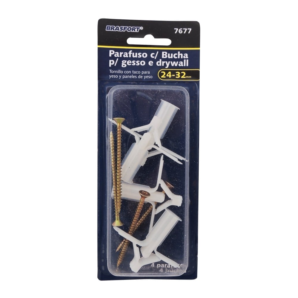 Cartela de Bucha de Fixação Drywall Brasfort 24-32mm com Parafuso Phillips - 4 Peças | 7677