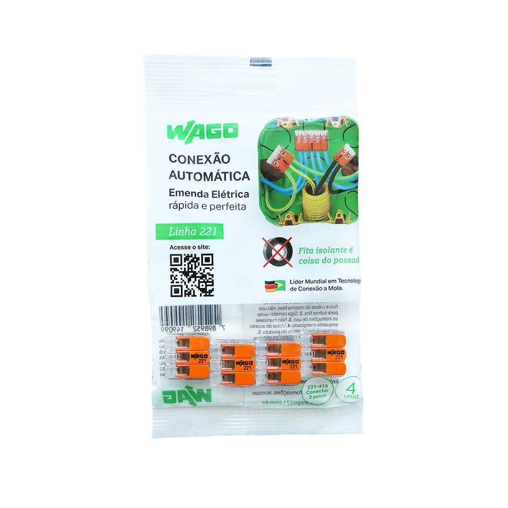 Conector Emenda Wago Flow 3POLO 4mm com 4 Peças 413 60473337