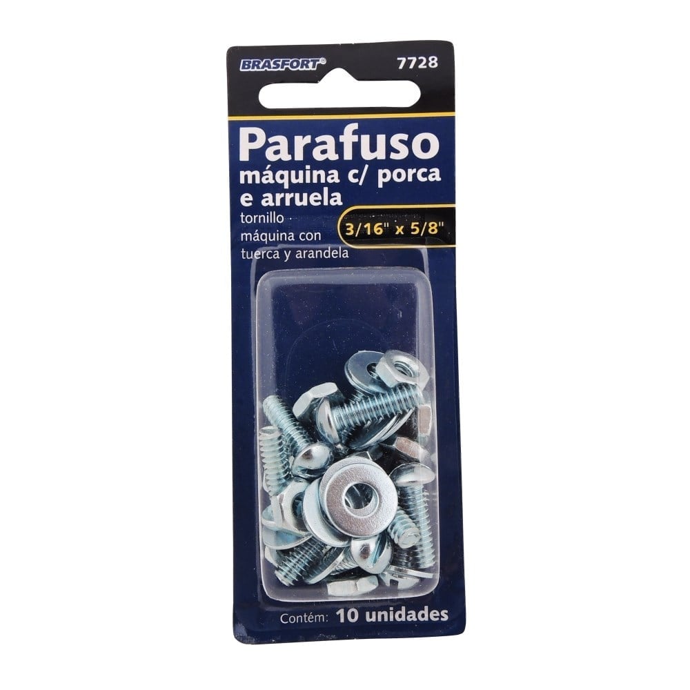 Cartela Parafuso Rosca Máquina Brasfort (D) Redonda 3/16 X 5/8+PORCA+ARRUELA Cartela com 10 Peças 7728